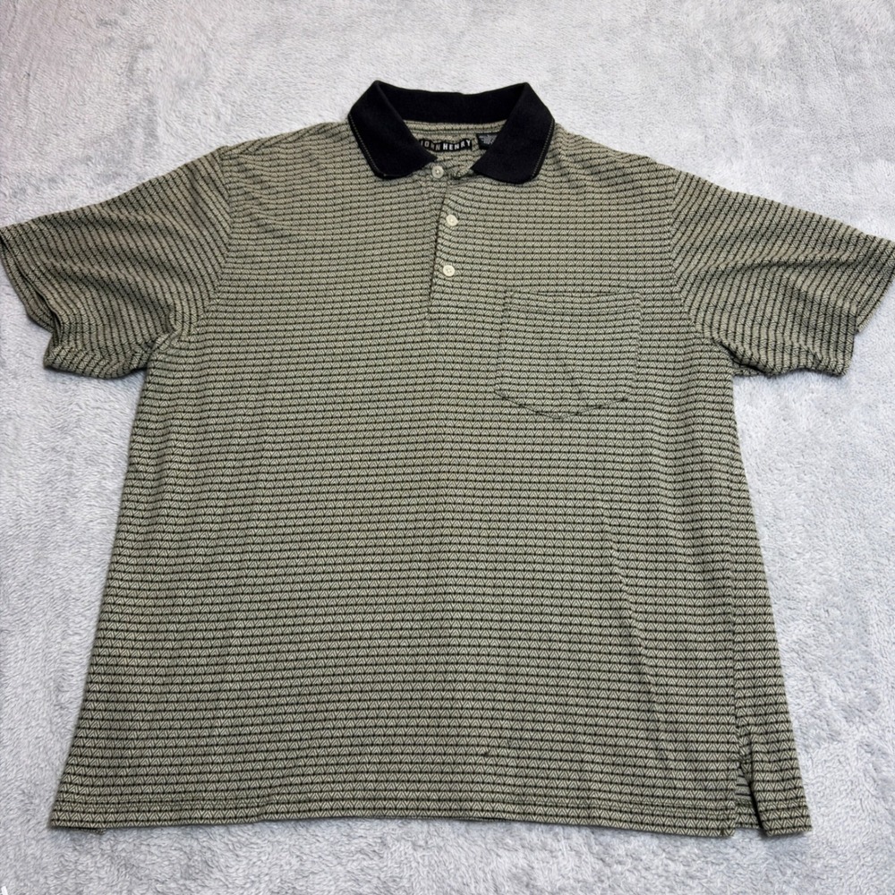 John Henry Polo Shirt Men Large Green Black Knit Short Sleeve Pocket 90s Vintage